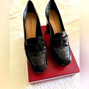 Tamara Mellon platform healed loafer pumps. Black embossed leather. Worn once.